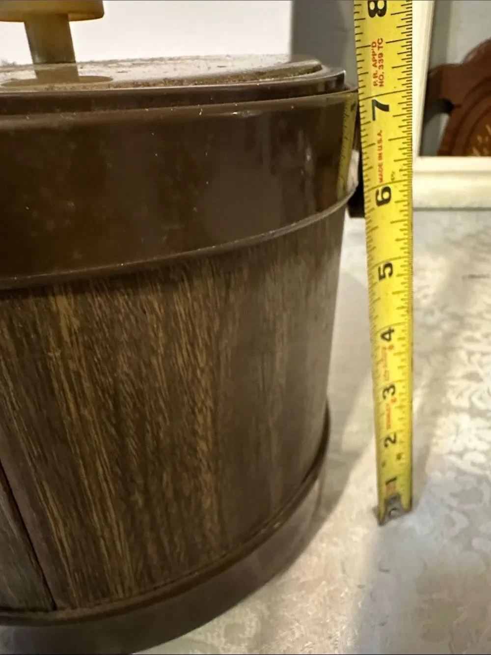 Brown Faux-Wood Ice Bucket with Handle and Yellow Knob